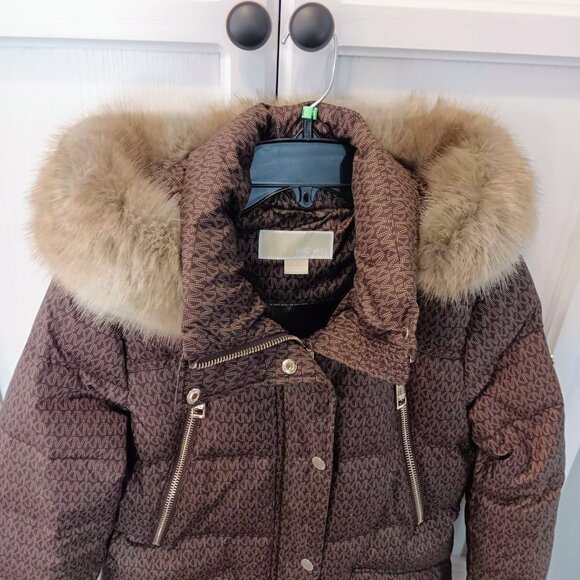Michael Kors All Over Down Jacket Mint Brown Faux Fur Hood - Picture 4 of 8